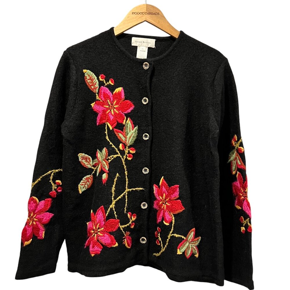 Susan Bristol Vtg Floral Button Cardigan, Black Wool, XL